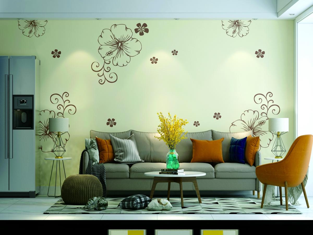 硅藻泥客厅沙发背景暗花墙效果图